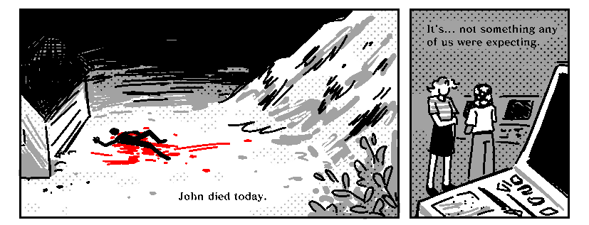 a thumbnail for ACT OF FLESH, showing a dead corpse with the caption john died today and two people chatting in a lab with the caption i dont think any of us were expecting it. it's in mostly monochrome with only the red of the blood in colour.